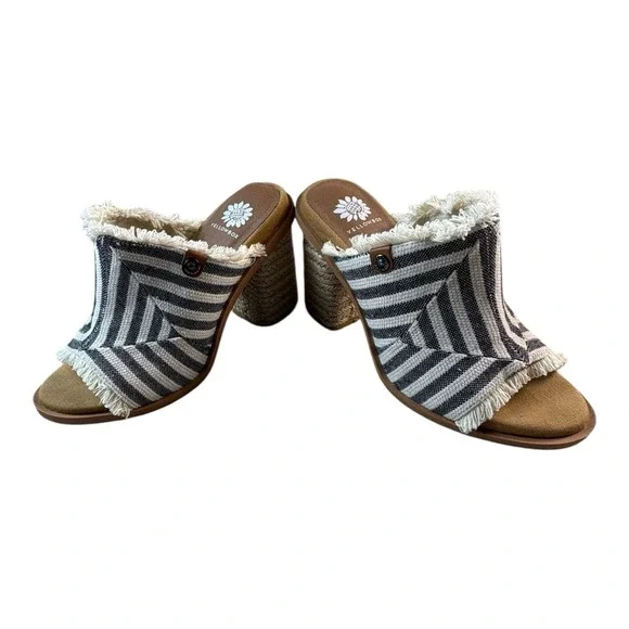 Yellow Box Striped Fringe Heeled Mules Size 7.5 Boho Slip-On‎ Sandals - Picture 9 of 9